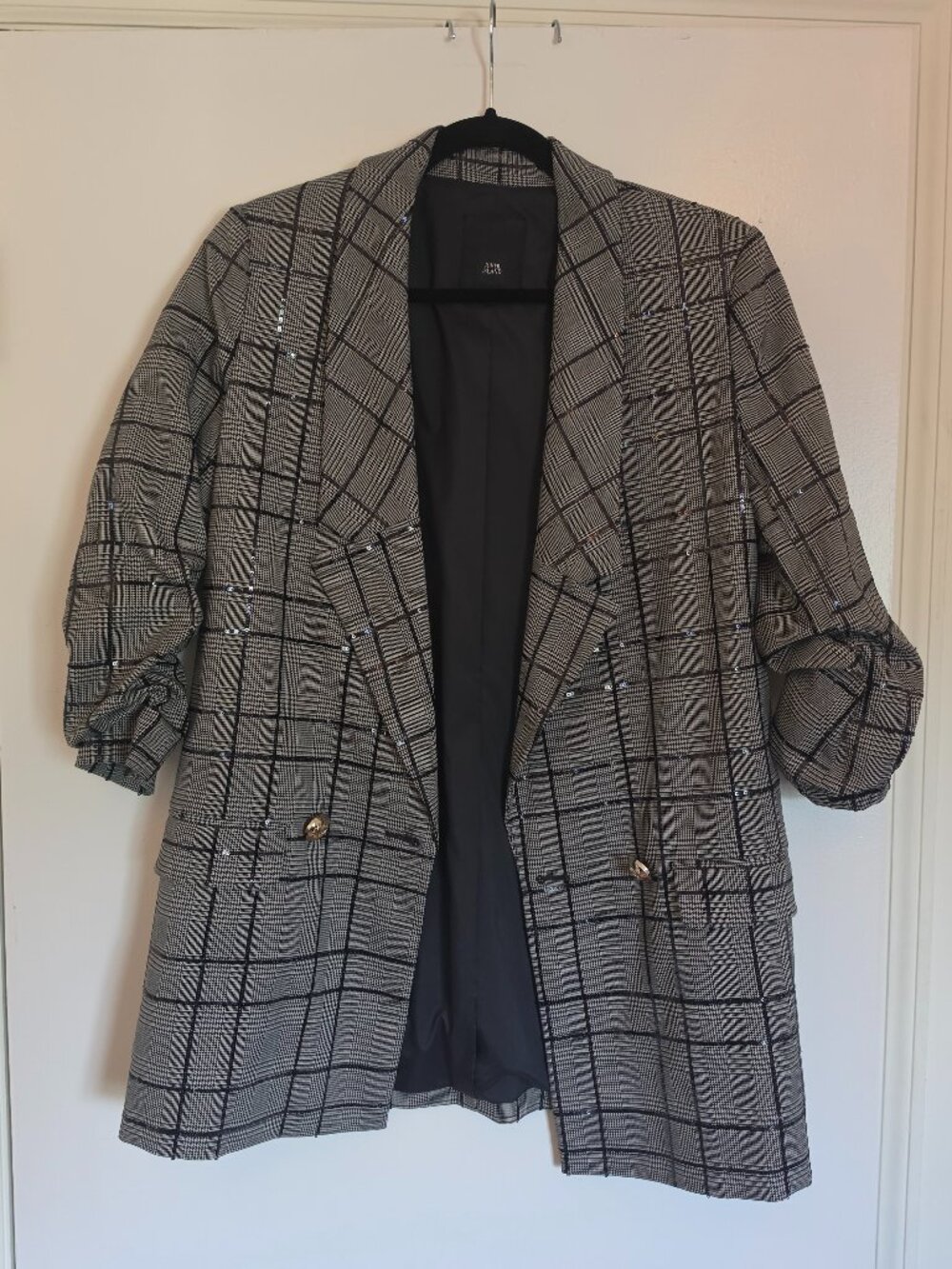 River Island Black Plaid Sequin Detail Open Front Blazer Size 10 NWOT
